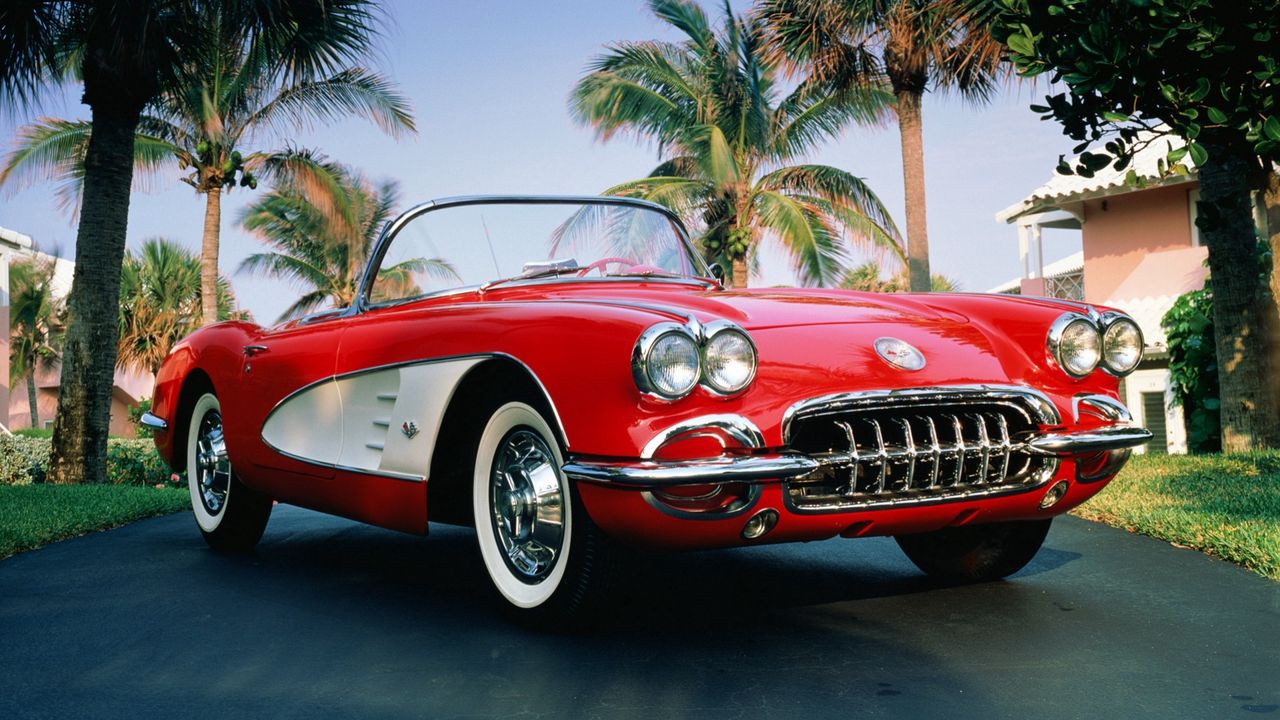 Обои 1960 chevrolet corvette, chevrolet corvette, chevrolet, кабриолет, красный, пальмы