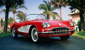 Превью обои 1960 chevrolet corvette, chevrolet corvette, chevrolet, кабриолет, красный, пальмы