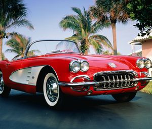 Превью обои 1960 chevrolet corvette, chevrolet corvette, chevrolet, кабриолет, красный, пальмы
