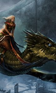 Превью обои a song of ice and fire roleplaying, queen alysanne, game of thrones, дракон, девушка, холод, полет, город