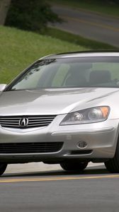 Превью обои acura, rl, 2004, серый металлик, вид спереди, стиль, акура, седан, авто, трава, дорога