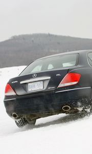 Превью обои acura, rl, черный, вид сзади, акура, авто, снег, стиль, природа