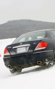 Превью обои acura, rl, черный, вид сзади, акура, авто, снег, стиль, природа