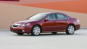 Превью обои acura, rl, красный, вид сбоку, акура, авто, стиль, движение, здание