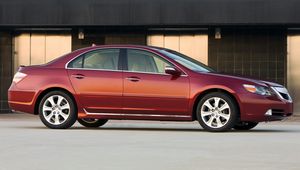 Превью обои acura, rl, красный, вид сбоку, стиль, акура, авто, здание