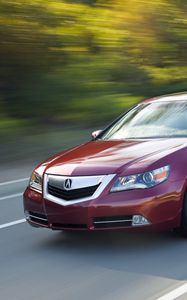 Превью обои acura, rl, красный, вид спереди, стиль, акура, седан, авто, скорость, движение, природа, асфальт