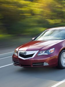 Превью обои acura, rl, красный, вид спереди, стиль, акура, седан, авто, скорость, движение, природа, асфальт