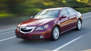 Превью обои acura, rl, красный, вид спереди, стиль, акура, седан, авто, скорость, движение, природа, асфальт