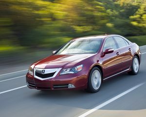 Превью обои acura, rl, красный, вид спереди, стиль, акура, седан, авто, скорость, движение, природа, асфальт