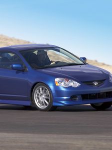 Превью обои acura, rsx, 2004, синий, вид сбоку, стиль, акура, авто, дорога, движение, горы