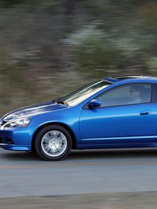 Превью обои acura, rsx, 2005, синий, вид сбоку, стиль, акура, авто, скорость, асфальт, природа