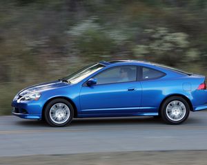 Превью обои acura, rsx, 2005, синий, вид сбоку, стиль, акура, авто, скорость, асфальт, природа