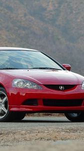 Превью обои acura, rsx, 2005, красный, вид спереди, стиль, акура, авто, горы, асфальт