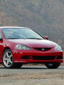 Превью обои acura, rsx, 2005, красный, вид спереди, стиль, акура, авто, горы, асфальт