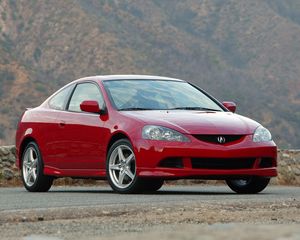 Превью обои acura, rsx, 2005, красный, вид спереди, стиль, акура, авто, горы, асфальт