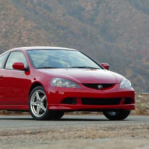 Превью обои acura, rsx, 2005, красный, вид спереди, стиль, акура, авто, горы, асфальт