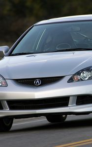 Превью обои acura, rsx, 2005, серый металлик, вид спереди, стиль, авто, акура, асфальт, деревья