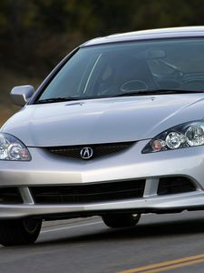 Превью обои acura, rsx, 2005, серый металлик, вид спереди, стиль, авто, акура, асфальт, деревья