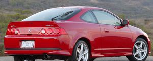 Превью обои acura, rsx, 2006, красный, вид сбоку, стиль, авто, горы, природа, асфальт