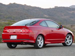 Превью обои acura, rsx, 2006, красный, вид сбоку, стиль, авто, горы, природа, асфальт