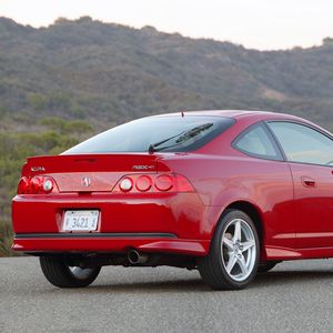 Превью обои acura, rsx, 2006, красный, вид сбоку, стиль, авто, горы, природа, асфальт