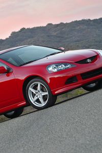 Превью обои acura, rsx, 2006, красный, вид сбоку, стиль, авто, горы, природа, асфальт