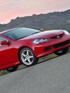 Превью обои acura, rsx, 2006, красный, вид сбоку, стиль, авто, горы, природа, асфальт