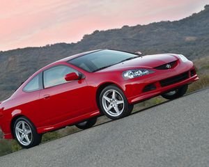 Превью обои acura, rsx, 2006, красный, вид сбоку, стиль, авто, горы, природа, асфальт