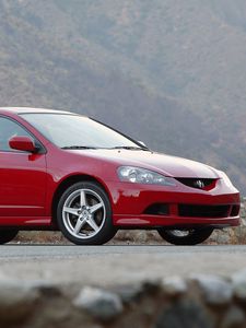 Превью обои acura, rsx, красный, вид сбоку, стиль, авто, горы, природа, асфальт