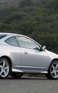 Превью обои acura, rsx, серебряный металлик, вид сбоку, стиль, авто, лес, природа