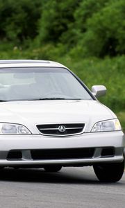 Превью обои acura, tl, 1999, белый металлик, вид спереди, стиль, авто, акура, деревья, трава, асфальт