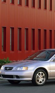 Превью обои acura, tl, 1999, серебряный металлик, вид сбоку, стиль, авто, акура, здание, трава, асфальт