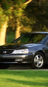 Превью обои acura, tl, 2002, черный, вид сбоку, стиль, авто, акура, природа, деревья, трава