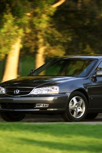 Превью обои acura, tl, 2002, черный, вид сбоку, стиль, авто, акура, природа, деревья, трава