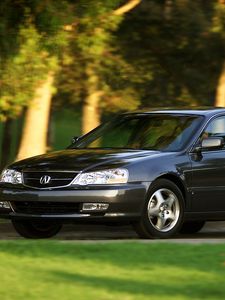 Превью обои acura, tl, 2002, черный, вид сбоку, стиль, авто, акура, природа, деревья, трава