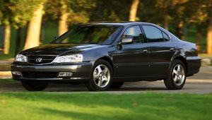 Превью обои acura, tl, 2002, черный, вид сбоку, стиль, авто, акура, природа, деревья, трава