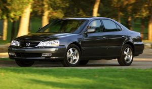 Превью обои acura, tl, 2002, черный, вид сбоку, стиль, авто, акура, природа, деревья, трава