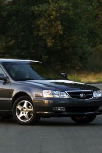 Превью обои acura, tl, 2002, черный, вид сбоку, стиль, авто, трава, деревья, асфальт