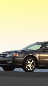 Превью обои acura, tl, 2002, коричневый, вид сбоку, стиль, авто, акура, асфальт, горы