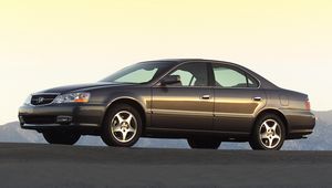 Превью обои acura, tl, 2002, коричневый, вид сбоку, стиль, авто, акура, асфальт, горы