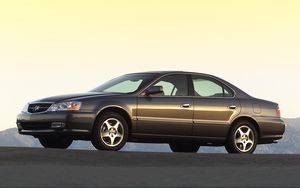 Превью обои acura, tl, 2002, коричневый, вид сбоку, стиль, авто, акура, асфальт, горы