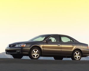 Превью обои acura, tl, 2002, коричневый, вид сбоку, стиль, авто, акура, асфальт, горы