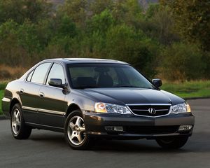 Превью обои acura, tl, 2002, черный, вид спереди, стиль, авто, акура, природа, трава, кустарники, деревья, асфальт