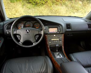 Превью обои acura, tl, 2002, салон, интерьер, руль, спидометр, трава