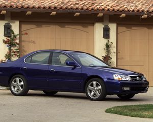 Превью обои acura, tl, 2002, синий, вид сбоку, стиль, авто, акура, здание, трава, асфальт