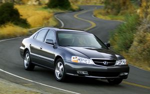 Превью обои acura, tl, 2002, синий, вид спереди, стиль, авто, природа, кустарники, трава, деревья, трасса