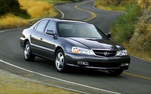 Превью обои acura, tl, 2002, синий, вид спереди, стиль, авто, природа, кустарники, трава, деревья, трасса