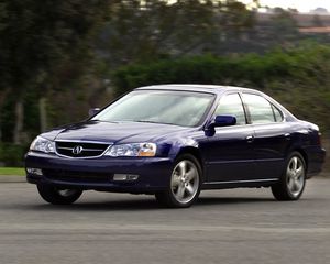 Превью обои acura, tl, 2002, синий, вид спереди, стиль, авто, акура, деревья, трава, асфальт