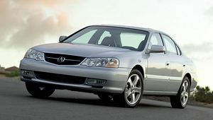 Превью обои acura, tl, 2002, белый металлик, вид спереди, стиль, авто, акура, облака, кустарники