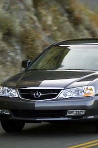 Превью обои acura, tl, 2002, синий, вид спереди, стиль, авто, акура, горы, асфальт